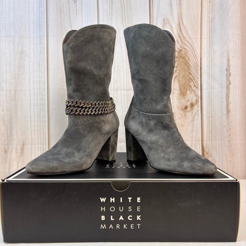 WHBM Suede Boots Chain Bracelet Chunky Mid Heel Boot Smoked Pearl Size 6 - Picture 4 of 16
